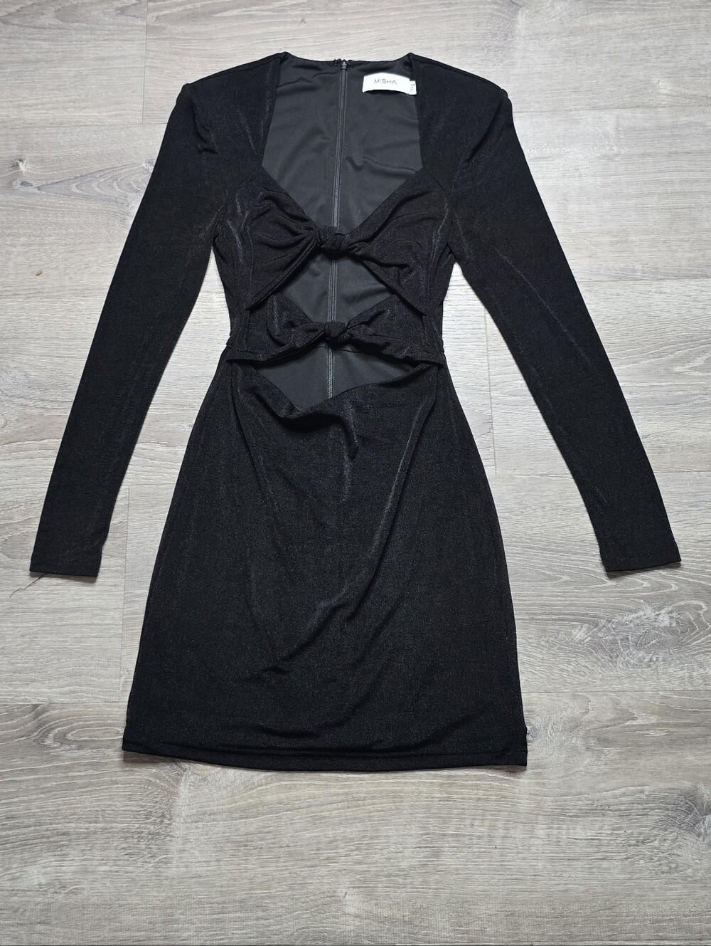 MISHA Collection Black Cutout Bow Mini Dress US 4 Long Sleeve Party Cocktail Dre